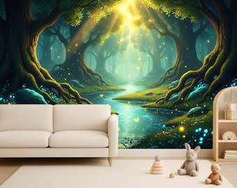 May include: A whimsical forest mural with a river scene, featuring a cream-colored sofa, a wooden shelf, and children's toys. The mural depicts a vibrant landscape with a river, trees, and glowing lights. The room is decorated with a rug.