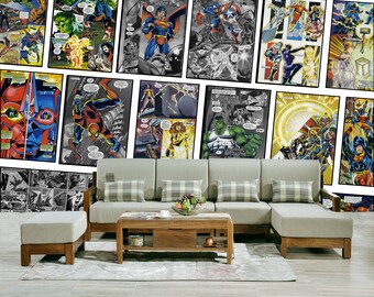 Comics Collage Wallpaper & Wall Mural Cartoon Characters Retro Vintage Comics Pop Art Peel and Stick Home Room Decor Children wall mural