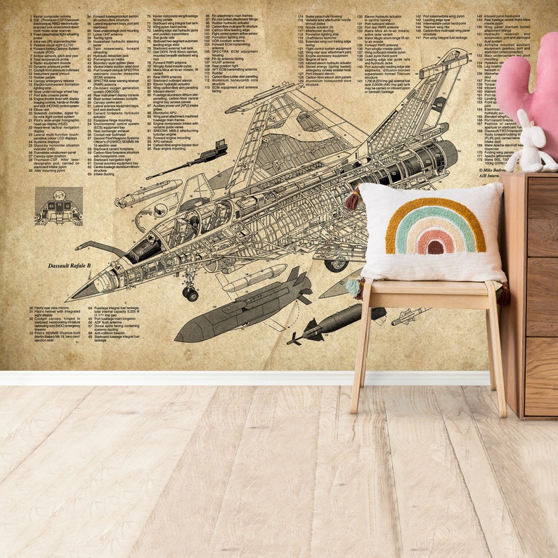 May include: A detailed cutaway illustration of a Dassault Rafale B fighter jet, with numbered labels identifying various components. The illustration is printed on a vintage-style paper background, and a small wooden chair with a rainbow-colored pillow is in the foreground.