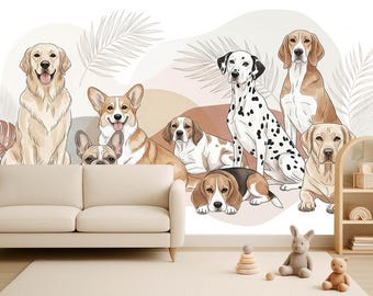 Papel pintado moderno con perros, mural minimalista de cachorros, papel pintado autoadhesivo con perros para la habitación de los niños, guardería, sala de juegos y decoración de mascotas.