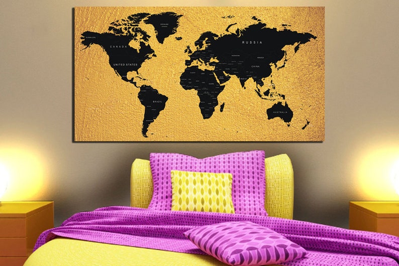 Map Canvas Map Wall Art Nursery Map Yellow Black Décor Kids Etsy