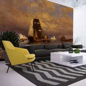 Ship Nautical Wallpaper Reproduction Wall Art Retro Oil Painting Mural Bedroom Vintage Seascape Mural Sailboat Wallpaper Marine Wall Mural