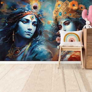 Radha Krishna Peel and Stick Wallpaper Hindu Divine Love Wall Mural Self‑Adhesive Indian Spiritual Decor Mythological Removable Wall Mural