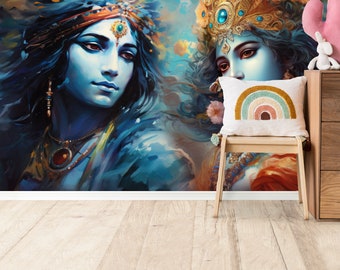Radha Krishna Peel and Stick Wallpaper Hindu Divine Love Wall Mural Self‑Adhesive Indian Spiritual Decor Mythological Removable Wall Mural