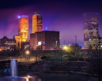 Downtown Tulsa Oklahoma Print, Photography Metallic Fine Art Print, Photo of Tulsa Skyline from Centennial Park