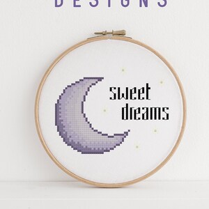 Sweet Dreams Cross Stitch PDF Pattern Moon Night Stars Kid Friendly Embroidery image 1