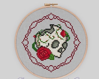 Skull and Roses - Cross Stitch Pattern - Gothic Cross Stitch - Modern Cross Stitch - Floral Cross Stitch - Digital Download