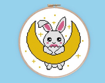 Rabbit on the Moon - Cross Stitch Pattern - Anime Cross Stitch - Cute Cross Stitch - Modern Cross Stitch - Bunny Cross Stitch - Digital PDF