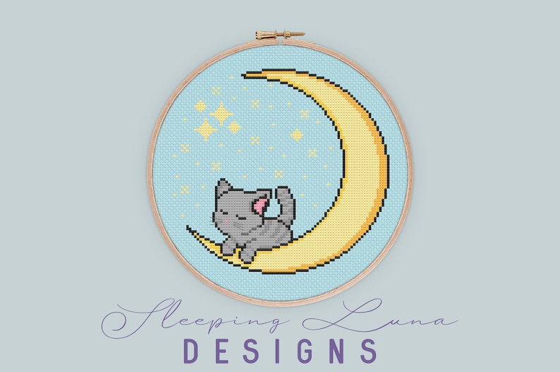 Kitty on the Moon Cross Stitch Pattern Cute Cross Stitch Cat Cross Stitch Modern Cross Stitch Moon Cross Stitch Digital PDF Only image 3