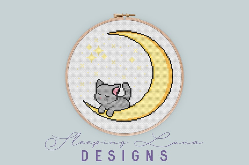 Kitty on the Moon Cross Stitch Pattern Cute Cross Stitch Cat Cross Stitch Modern Cross Stitch Moon Cross Stitch Digital PDF Only image 2