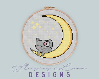 Kitty on the Moon - Cross Stitch Pattern - Cute Cross Stitch - Cat Cross Stitch - Modern Cross Stitch - Moon Cross Stitch - Digital PDF Only