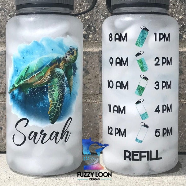 Motivational Water Bottle, Personalized Sea Turtle Water Color Print with Hourly Water Tracker, 34oz water bottle.