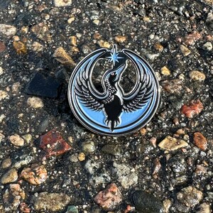May include: A round, silver-colored pin with a black bird-like creature with outstretched wings, a star, and a light blue background. The pin is set against a background of small rocks and pebbles.