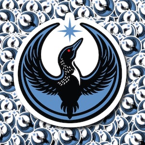 May include: A sticker featuring a stylized black bird with outstretched wings, a red eye, and a white chest, set against a light blue circle. A light blue star is above the bird's head. The background is filled with similar stickers.