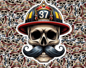 Mustache Skull Firefighter Sticker