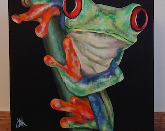 Tela originale 'Tree Froggy' - pittura di rana, arte della parete di rana, arredamento di rana, arte della fauna selvatica, arredamento della fauna selvatica, arte animale, regalo di rana, ritratto di rana