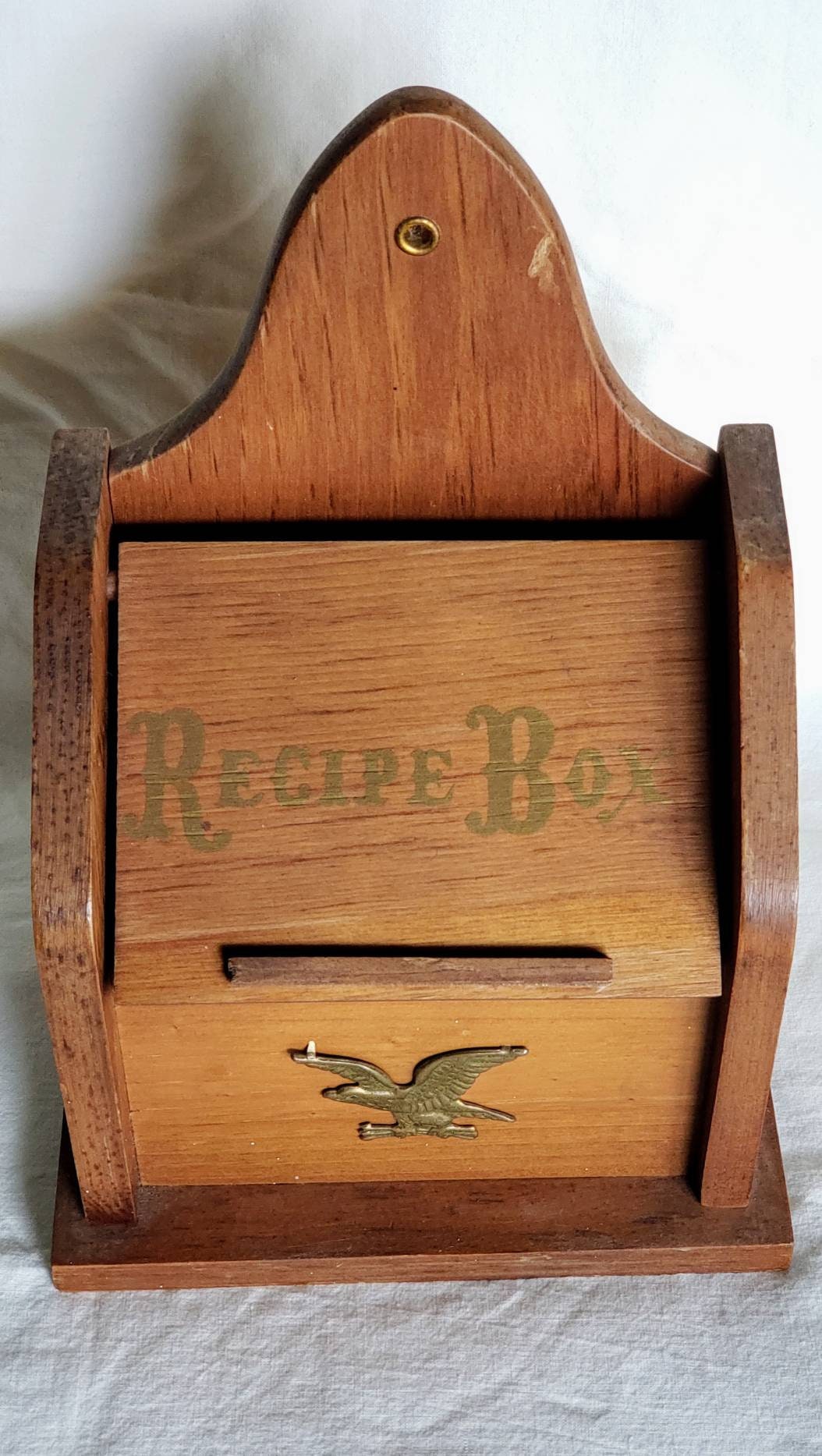 Vintage Wooden Recipe Box With Brass Eagle Accent Colonial Recipe Box Farmhouse Kitchen Storage