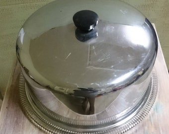 1950's 2-Piece Chrome Plated Cake Dome Cover with Footed Glass Plate-1950's Era Serving Dish-Pie/Pastry Serving Dish-Mid Century Cake Plate