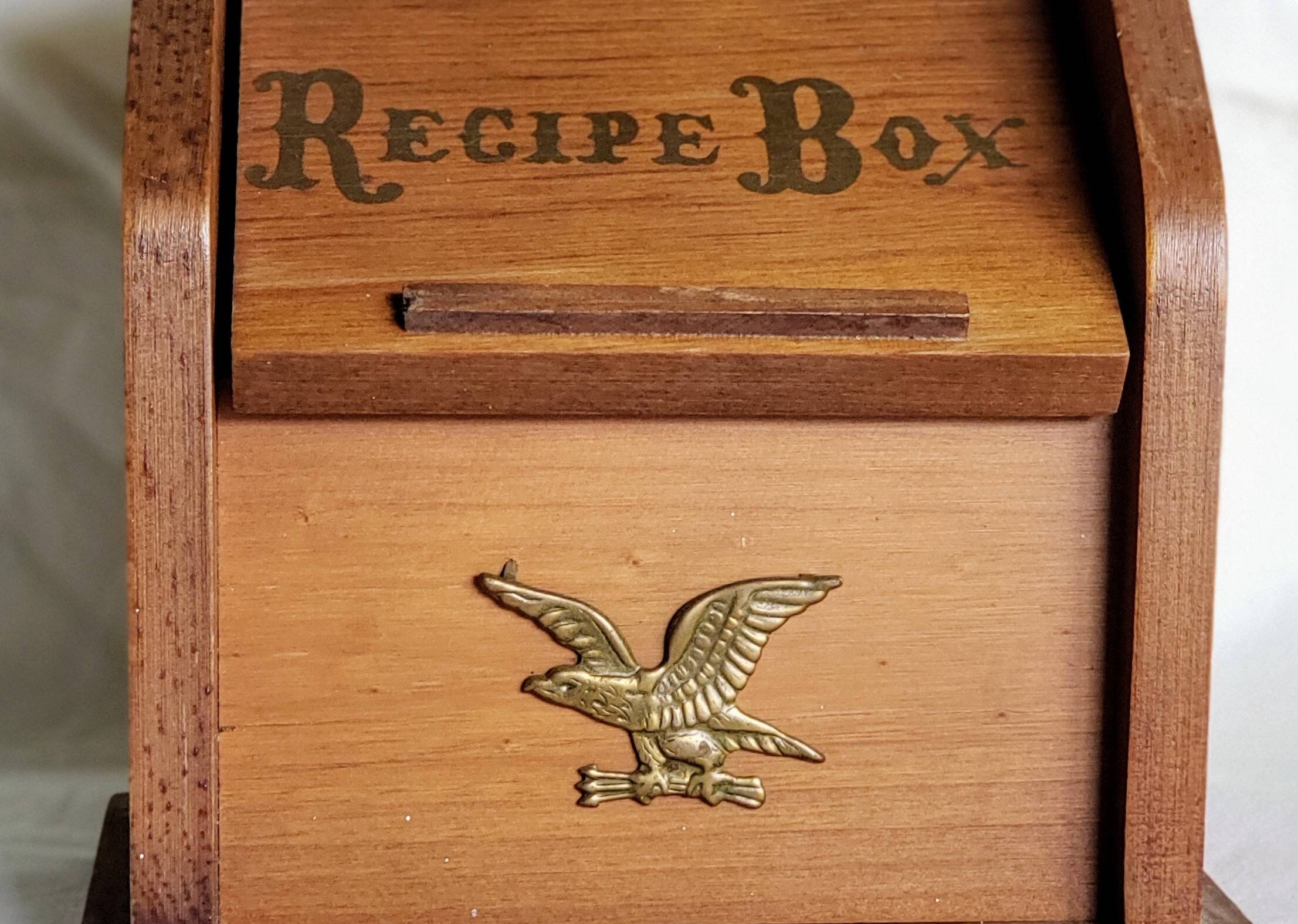 Vintage Wooden Recipe Box With Brass Eagle Accent Colonial Recipe Box Farmhouse Kitchen Storage