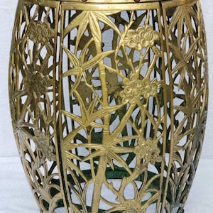 Solid Brass Garden Stool, Seat or Table. Asian Brass Tabouret Style Chinese Style Vintage Pierced Brass Drum Chinoiserie Motifs Plant Stand