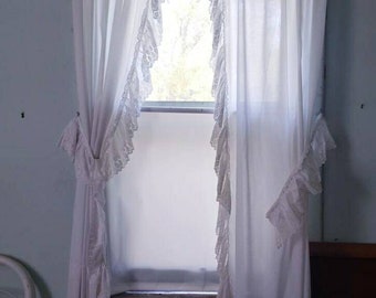 Vintage Cottage Ruffle Eyelet Valance Curtains Feminine Set Hollywood Glam Southern Belle Curtains Country Decor Shabby Chic Curtains Panels