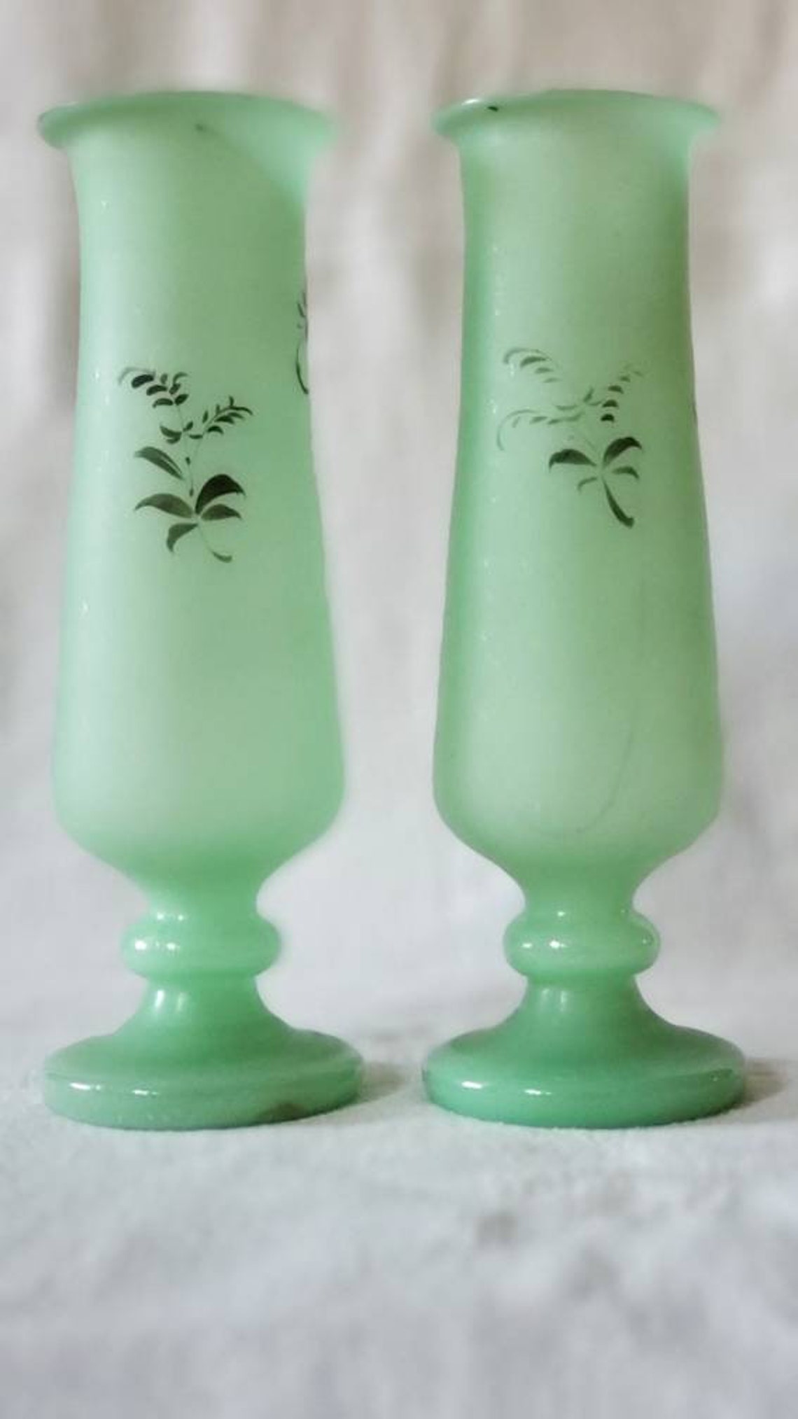 Antique Bristol Glass Vase Set Hand Blown Satin Green Glass Etsy