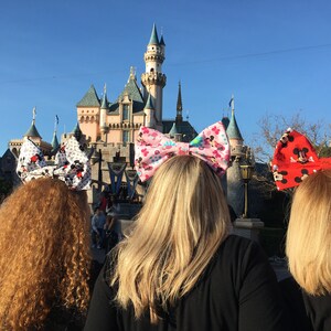 Może przedstawiać: Trzy osoby w uszach Minnie Mouse z różnymi wzorami stoją przed zamkiem Śpiącej Królewny w Disneylandzie.