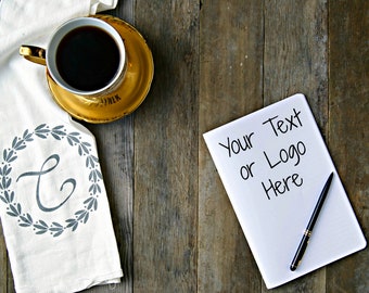 Rustic Gold Styled Desktop Mockup with Blank Notebook Coffee and Towel - Stock Photo - Feminine Flat Lay - Wooden Background Flatlay