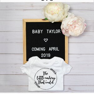 Op de afbeelding: Een zwangerschapsaankondiging met een zwart letterbord met "BABY TAYLOR" en "COMING APRIL 2019". Een witte romper met "the little embryo that could" staat eronder. Twee grote, lichtroze en witte pioenrozen zijn boven het bord geplaatst.