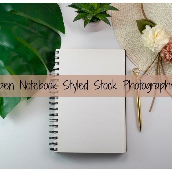 Blank Notebook Mockup - Styled Stock Photography - Sunhat and Monstera Leaf Mockup - Green and White Flat Lay