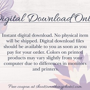 Op de afbeelding: Een digitale downloadafbeelding met de tekst "Digital Download Only". De afbeelding bevat tekst over direct downloads en kleurvariaties. Bloemenaccenten in paars en roze bevinden zich in de hoeken.