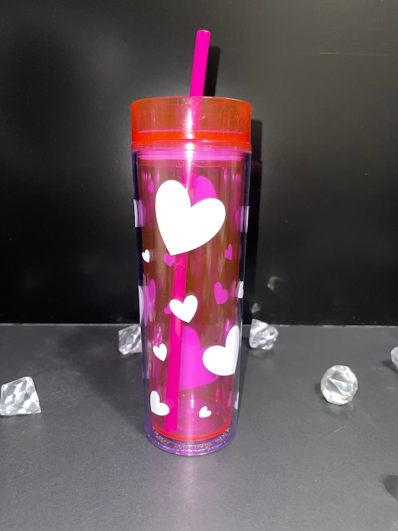 Hearts 16oz Tumbler With Straw Hot Pink Neon Custom Cup 