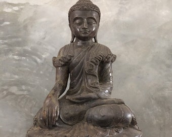 Seltene antike burmesische Mandalay Shan Tai Yai-Periode Bronze Buddha-Statue Sitzend auf dreiköpfigem Elefanten-Thron / asiatische Kunst / asiatische Antiquität