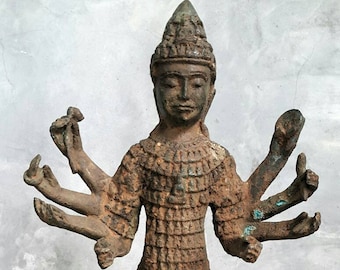 Vishnu Khmer Gottheit mit 8 Armen Bronzeguss Buddha Statue 45 cm Hoch / Gebetsbuddha / Asiatisch Antik