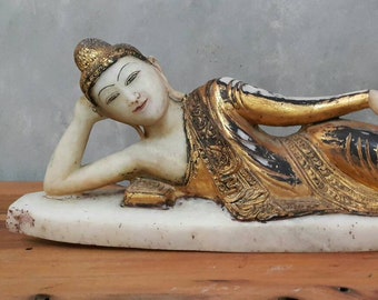Gran Buda reclinado antiguo de alabastro de Mandalay, Birmania / Estatua de Buda birmana dorada / Escultura budista / Arte de templo de 91 cm