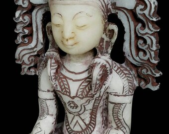Escultura antigua de Buda birmano de alabastro / Buda de mármol de Mandalay estilo Shan Ava / Estatua de templo de Myanmar de principios del siglo XIX