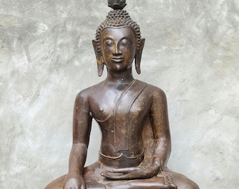 Gran estatua antigua de Buda de bronce tailandés estilo Sukhothai – Buda de meditación Bhumisparsha – Escultura budista tailandesa de 90 cm