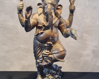 Estatua antigua de bronce de Ganesh: Señor tailandés de la buena fortuna, 35,5 cm de altura.