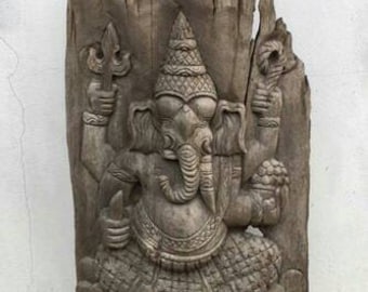 Large Hand Carved Teakwood Ganesha Sculpture – 43” Thai Ganesh Statue on Stand – Spiritual Temple Art – Reclaimed Teak Wood Carving