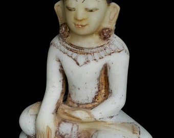 Estatua antigua de Buda Shan Ava de alabastro birmano – 43 cm (17 pulgadas) Escultura de Buda sentado en meditación estilo Mandalay de principios del siglo XIX