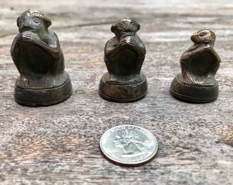 Juego de 3 pesas de bronce birmanas antiguas con forma de mono para opio – Pesas comerciales de Mandalay – Artefacto etnográfico del sudeste asiático