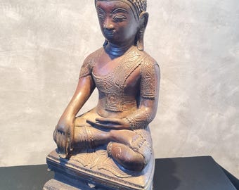 Antigua estatua birmana de bronce Shan de Buda – Bhumisparsha Mudra – Buda Tai Yai – Buda de meditación de 17”
