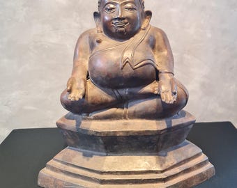 Estatua antigua tailandesa de bronce Phra Sangkachai, finales del siglo XIX, escultura budista de la prosperidad de Chiang Mai, estilo templo, Buda de bronce de 30 cm (12").