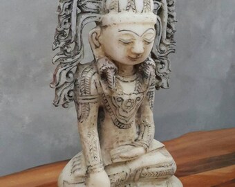 Estatua antigua de Buda birmano de alabastro – Buda sentado de meditación estilo Shan Ava – Escultura tallada a mano de Mandalay, Myanmar