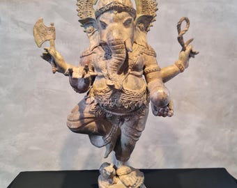 Estatua antigua de bronce de Ganesha danzante / Escultura hindú de Ganapati con aureola / Señor de la buena fortuna / Estatua de templo de 45 cm