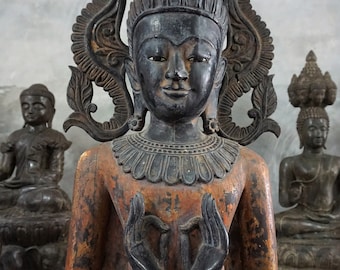 Rare 95&quot; Tall Teak Wood Standing Buddha Statue - Shan Tai Yai Style