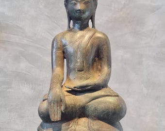 Estatua de Buda de bronce Shan birmana antigua del siglo XIX – Bhumisparsha Mudra – Escultura budista de Mandalay/estilo Shan