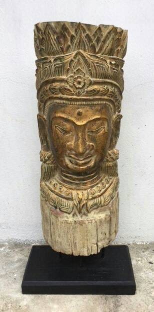 Hand Carved Teakwood Khmer Goddess Sculpture on Stand (33" Tall)