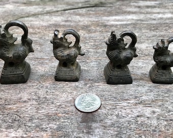 Juego de 4 pesas de bronce birmanas antiguas para opio – Pesas con forma de pájaro/león de Hintha, procedentes de Mandalay, Birmania – Pesas comerciales del sudeste asiático