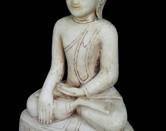 Buda antiguo birmano de mármol Shan Ava de principios del siglo XIX – Buda sentado de mármol blanco de 56 cm (22 pulgadas) – Mudra Bhumisparsha – Escultura budista de Myanmar